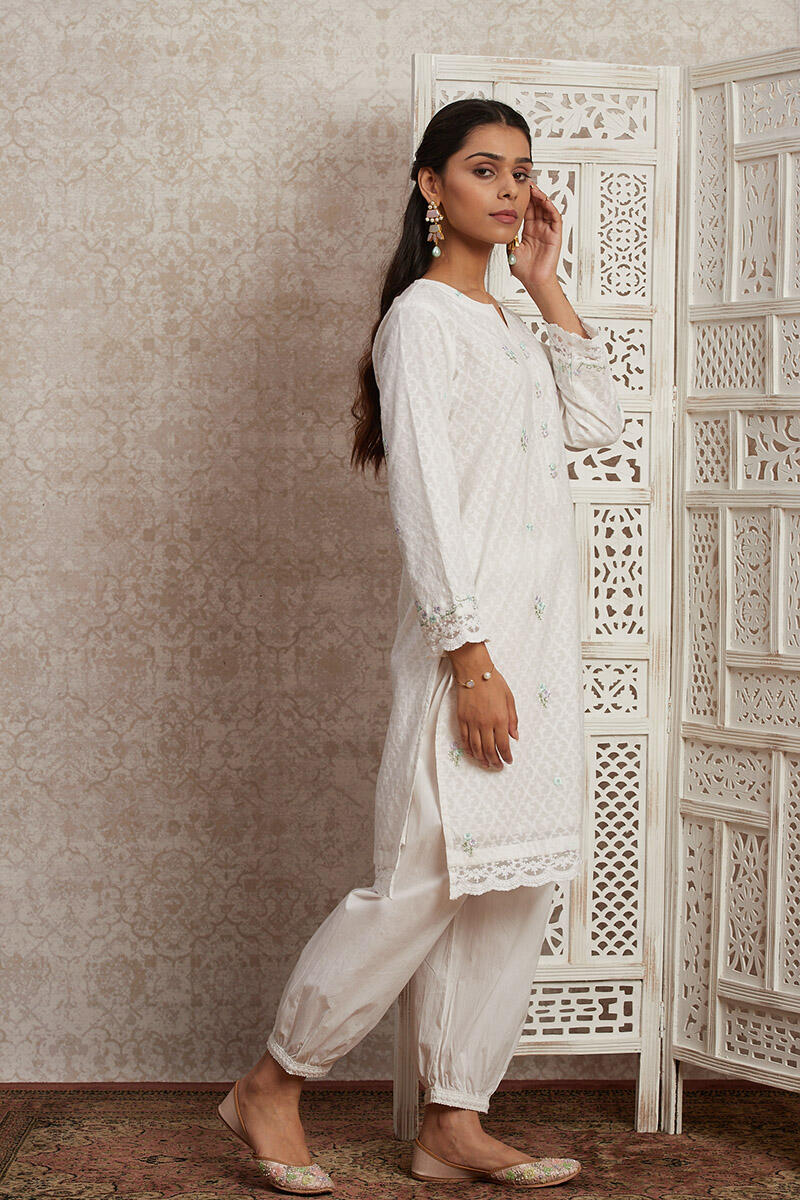 White Handcrafted Cotton Short Kurta