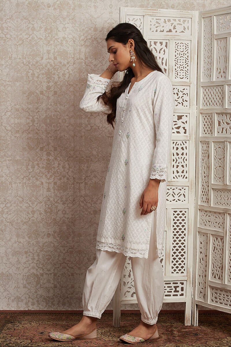 White Handcrafted Cotton Short Kurta