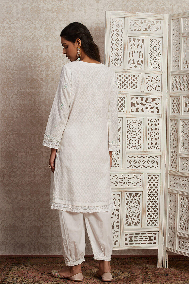 White Handcrafted Cotton Short Kurta