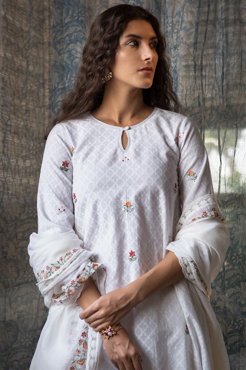 White Handcrafted A-Line Cotton Kurta