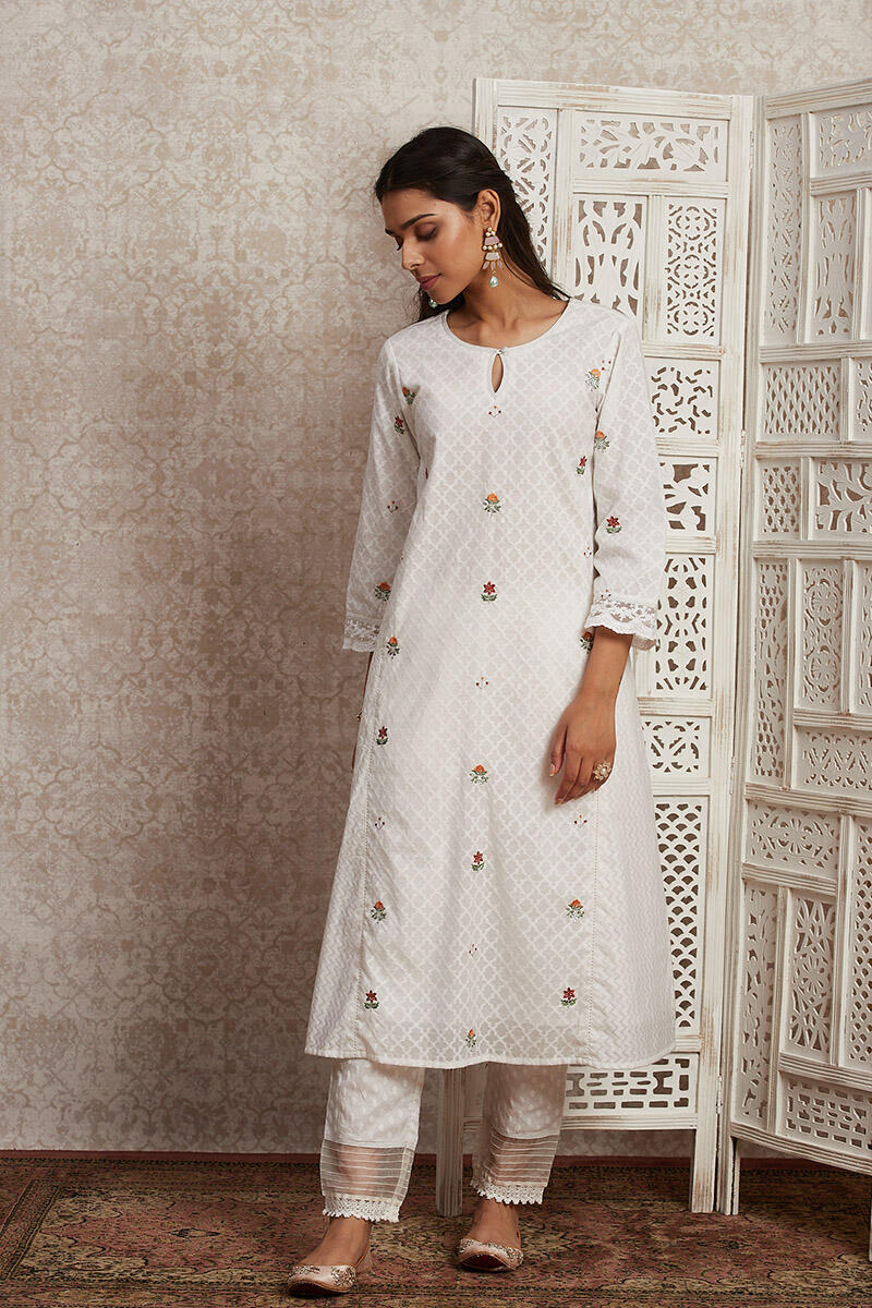 White Handcrafted A-Line Cotton Kurta