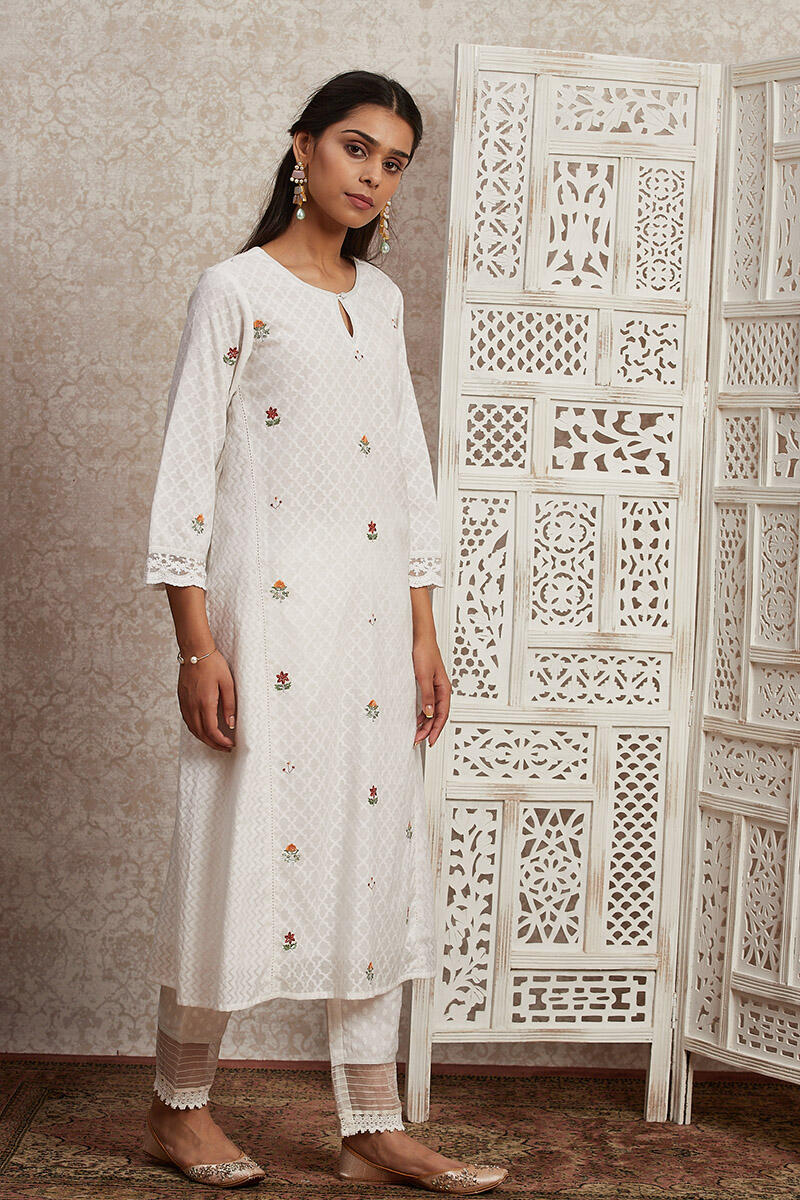 White Handcrafted A-Line Cotton Kurta