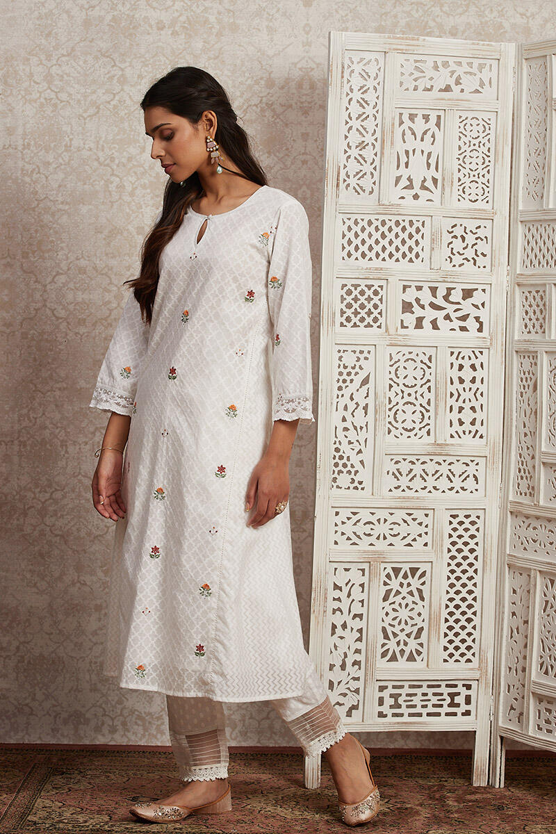 White Handcrafted A-Line Cotton Kurta