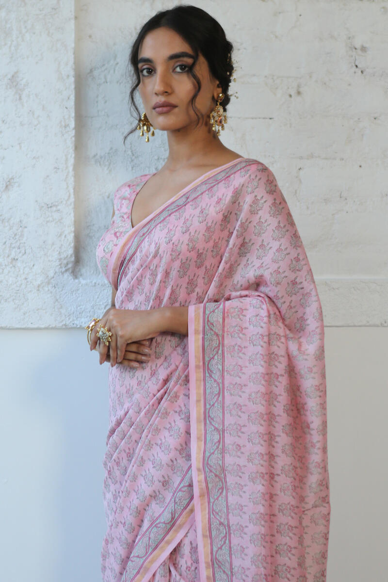 Pink Block Printed Chanderi Saree