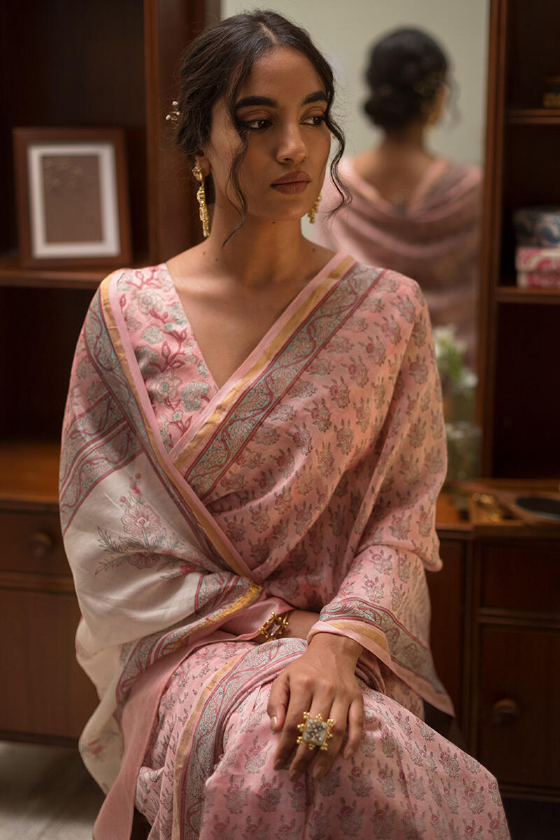 Pink Block Printed Chanderi Saree