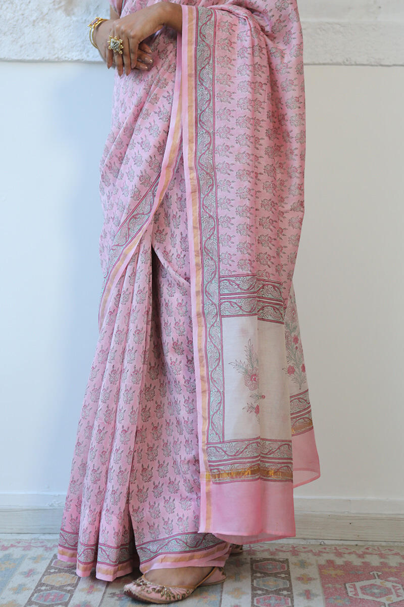 Pink Block Printed Chanderi Saree
