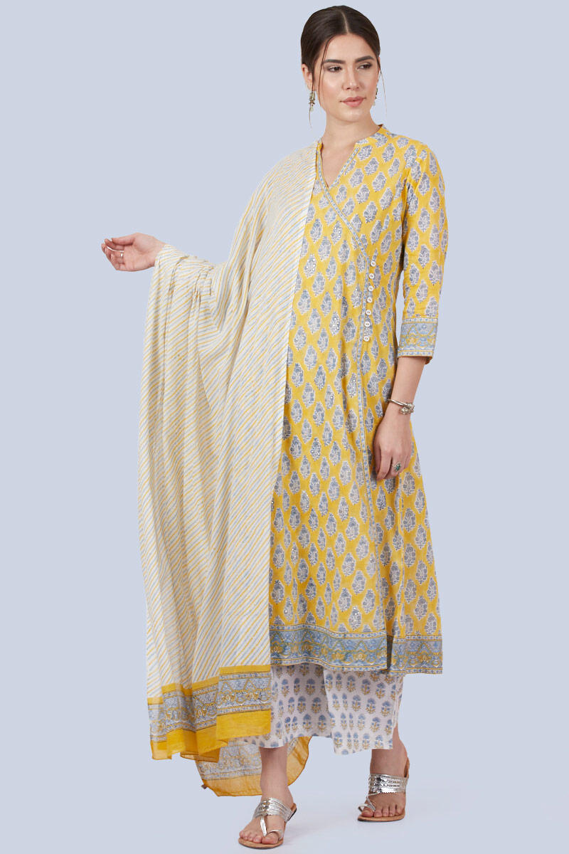 Yellow Block Printed Cotton Palazzo