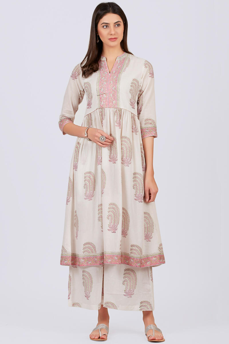 White Block Printed A-line Cotton Kurta