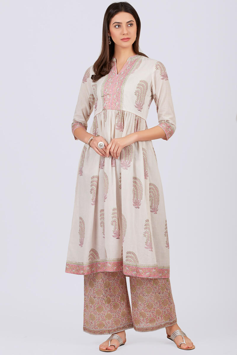 White Block Printed A-line Cotton Kurta