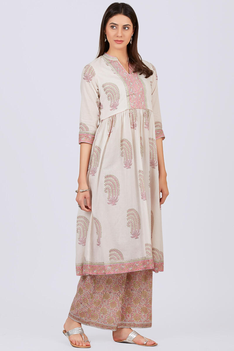 White Block Printed A-line Cotton Kurta