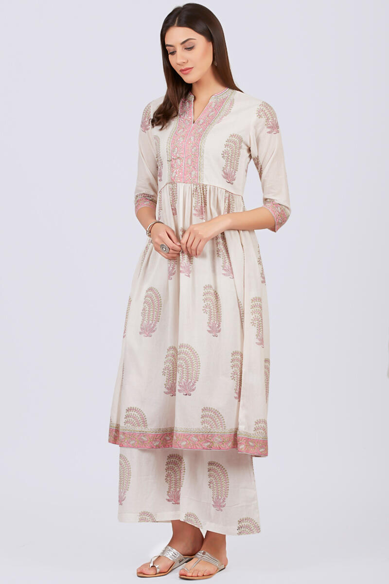 White Block Printed A-line Cotton Kurta