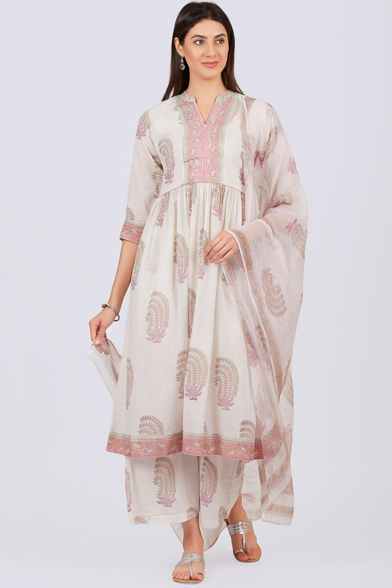White Block Printed A-line Cotton Kurta