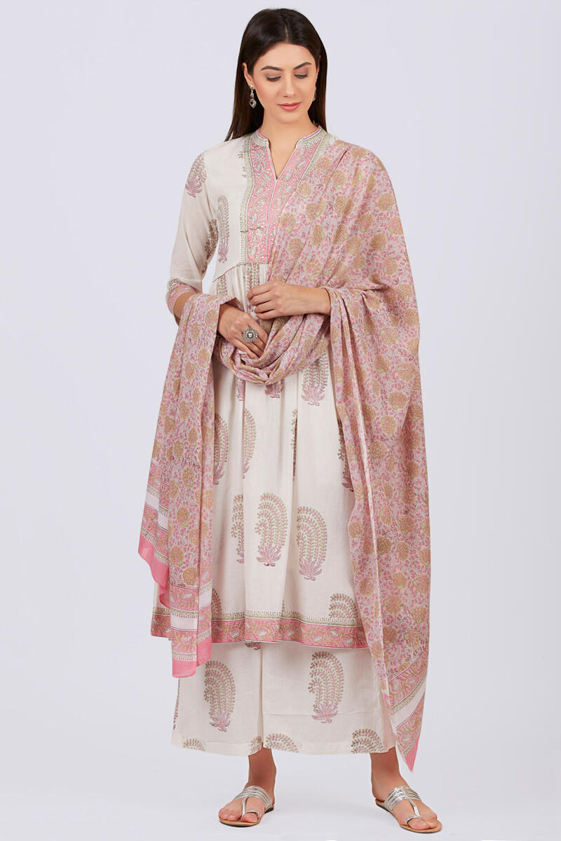 White Block Printed A-line Cotton Kurta