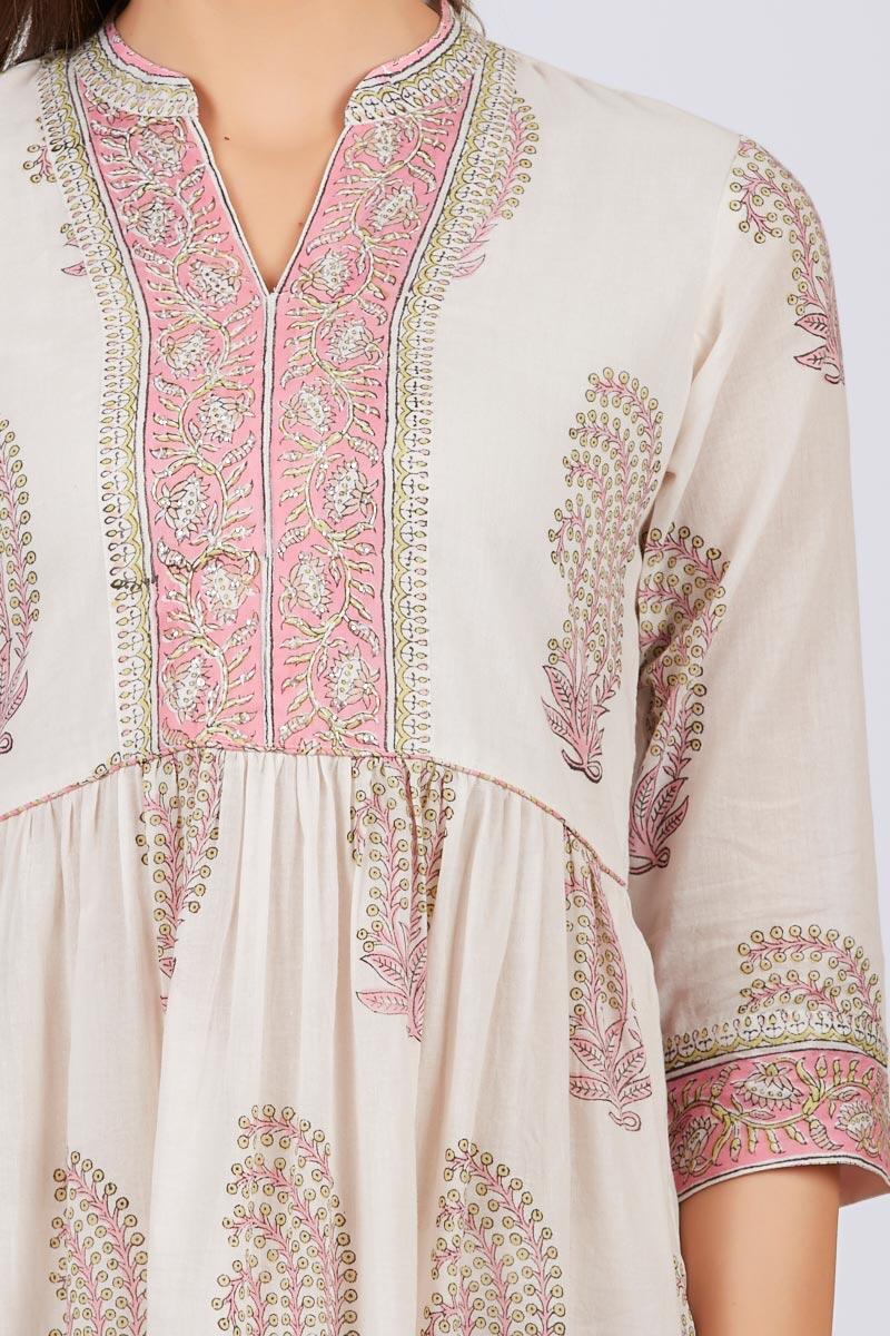 White Block Printed A-line Cotton Kurta
