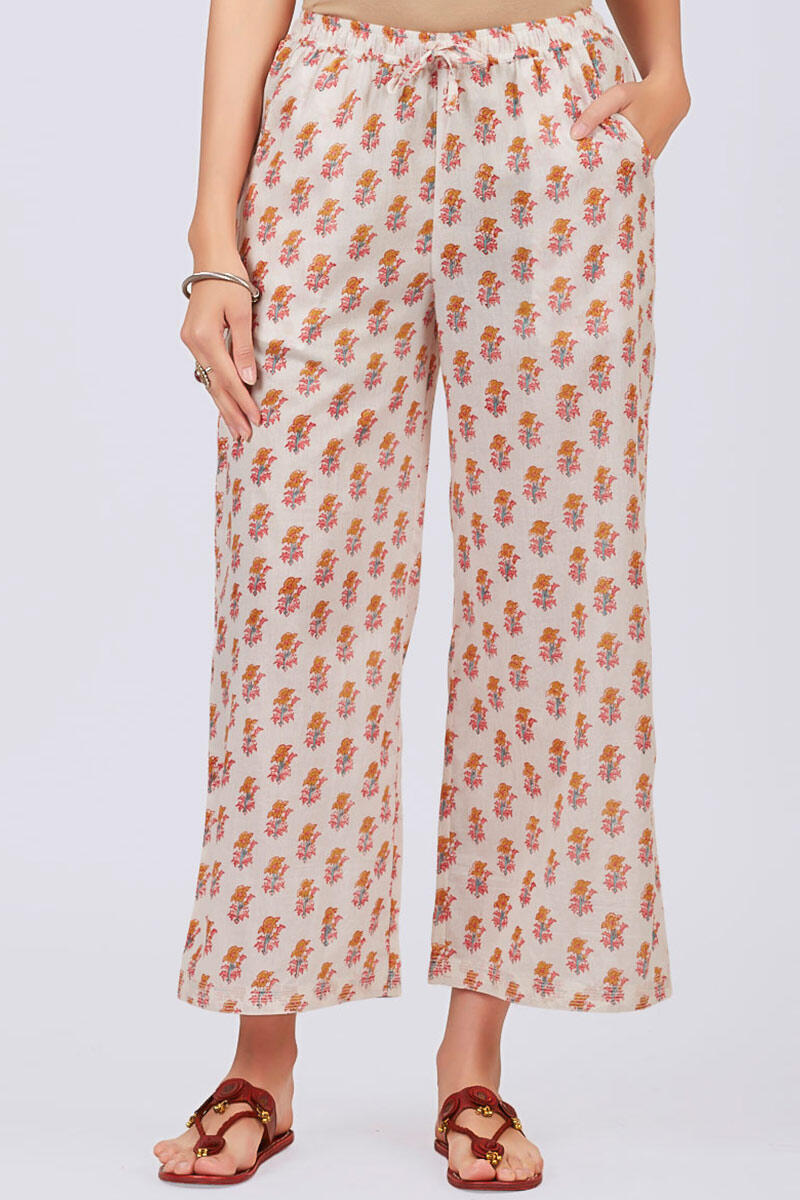 Mustard Block Printed Cotton Farsi Pants