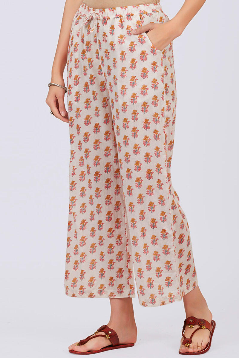 Mustard Block Printed Cotton Farsi Pants