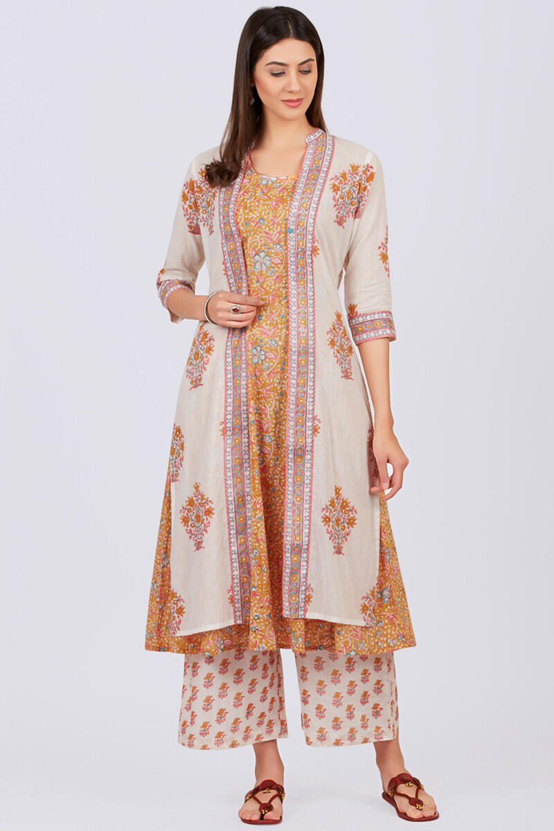 Mustard Block Printed Cotton Farsi Pants