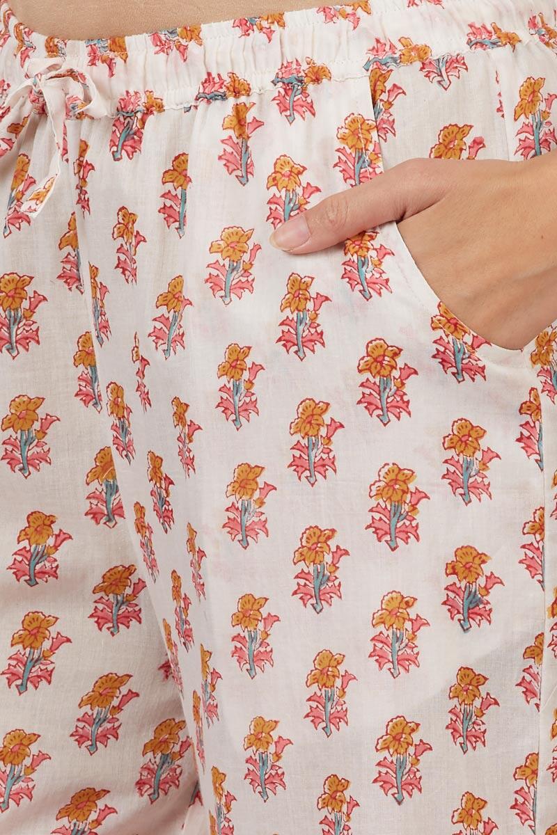 Mustard Block Printed Cotton Farsi Pants