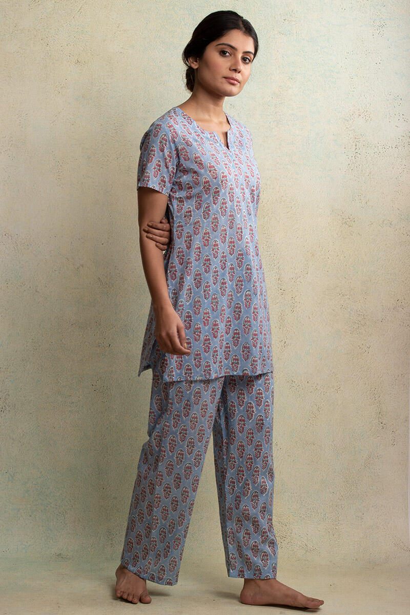 Buy Blue Block Printed Cotton Nightsuit Blue Pajama Set for Women Farida Gupta