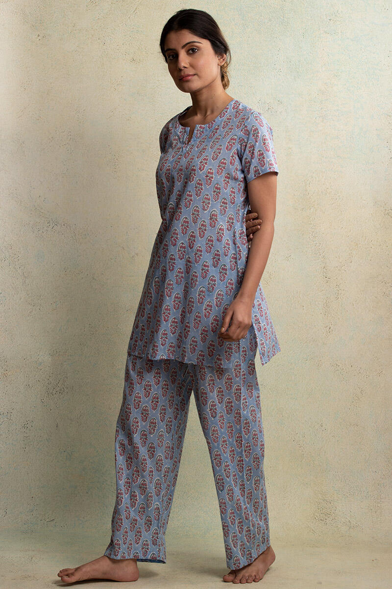 Blue Block Printed Cotton Nightsuit