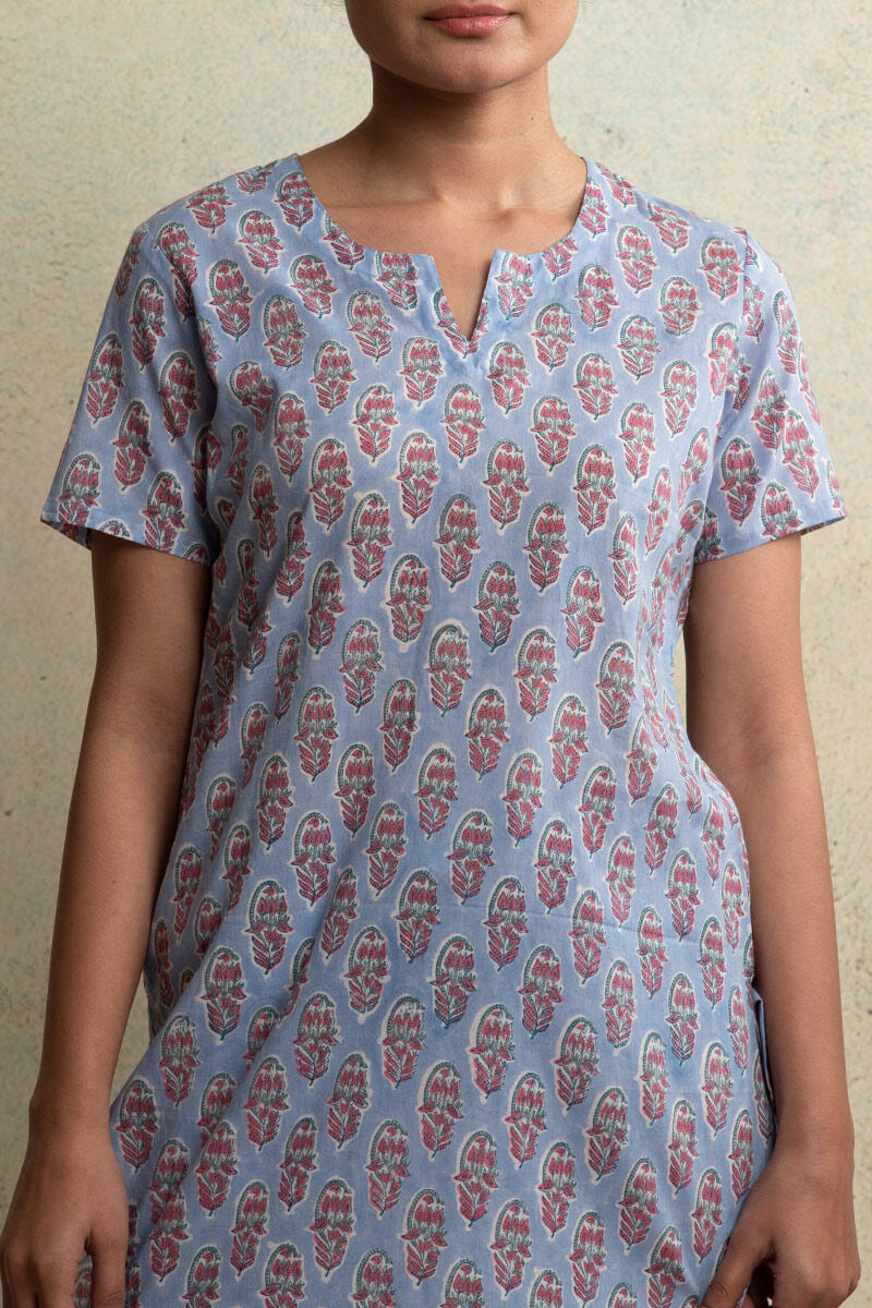 Blue Block Printed Cotton Nightsuit