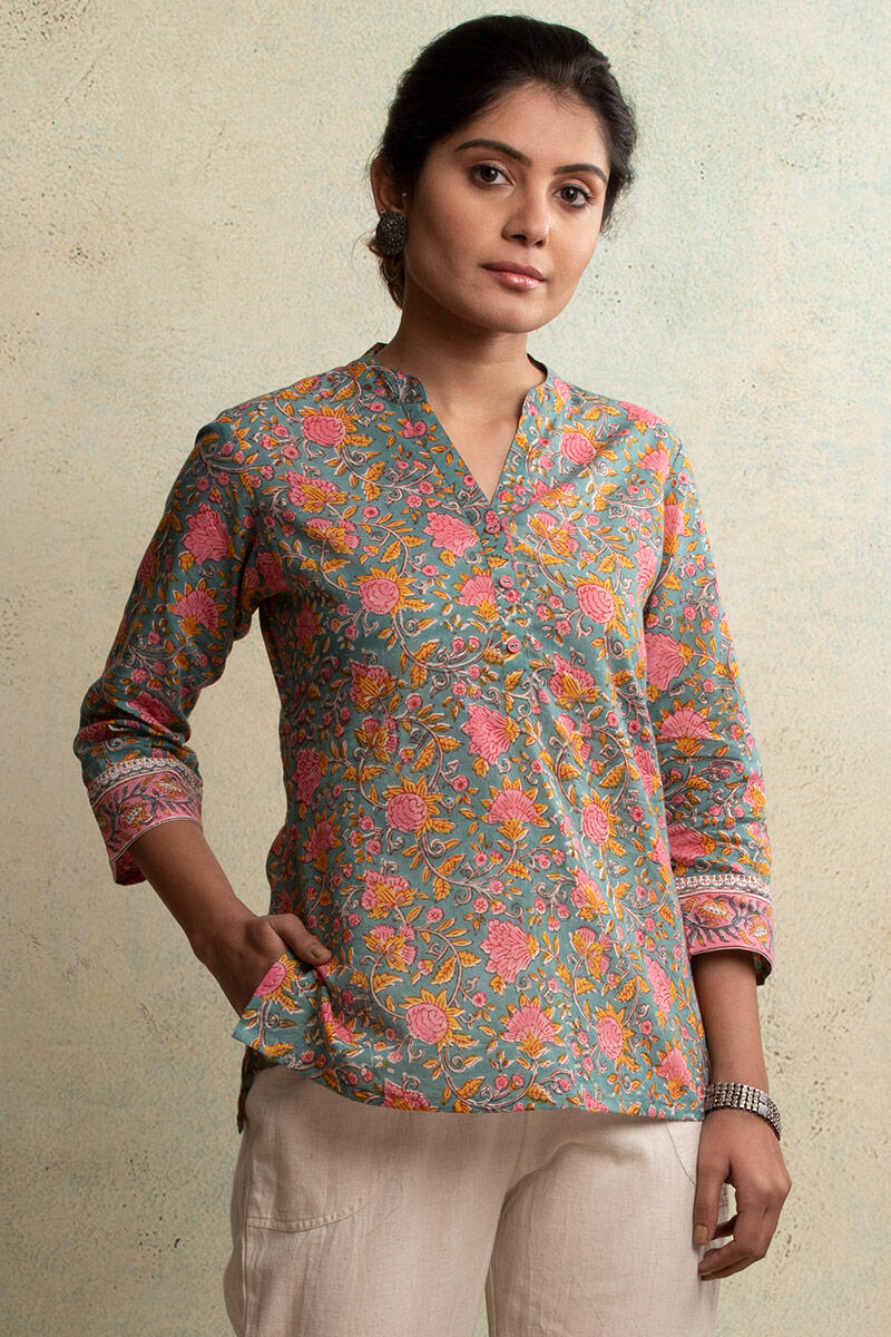 Green Block-Printed Cotton Top