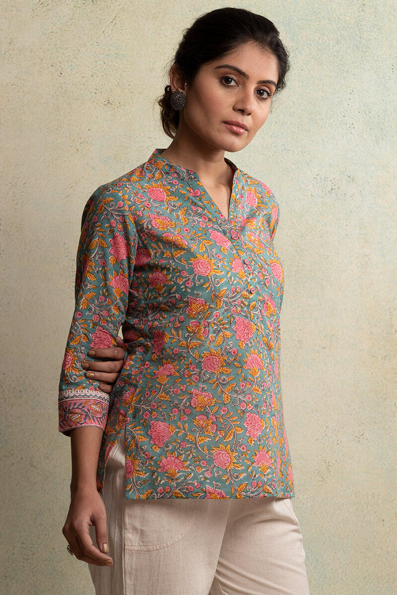 Green Block-Printed Cotton Top