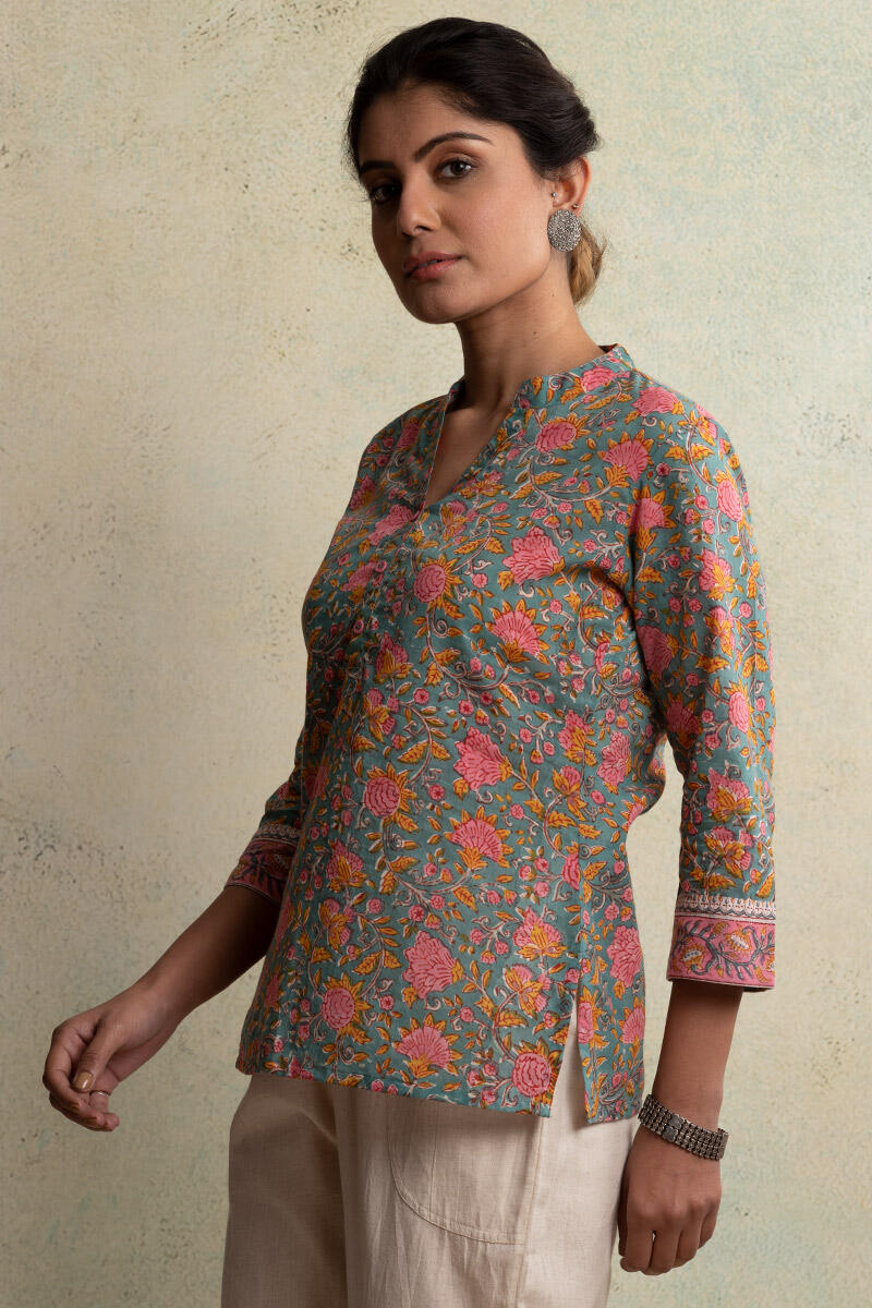 Green Block-Printed Cotton Top