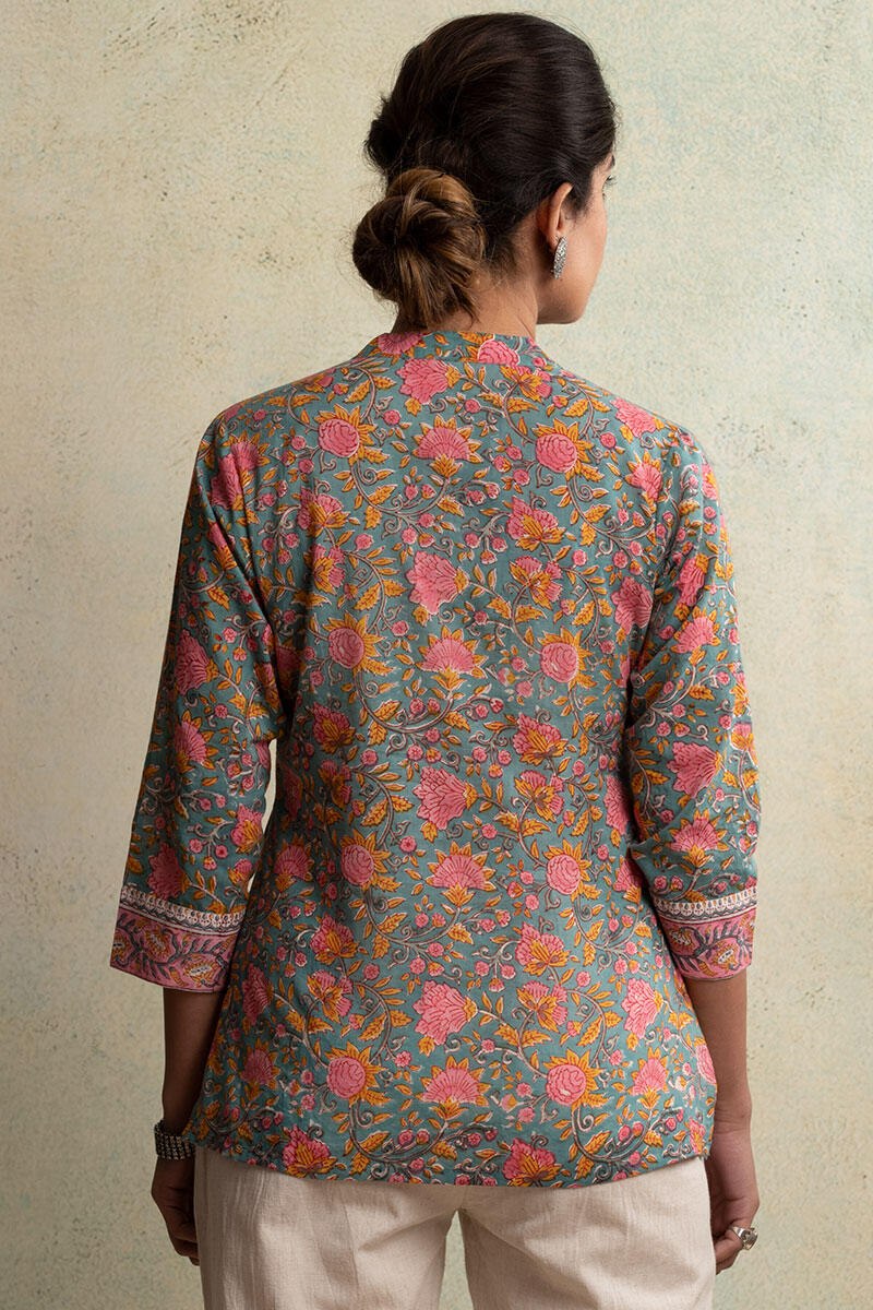 Green Block-Printed Cotton Top