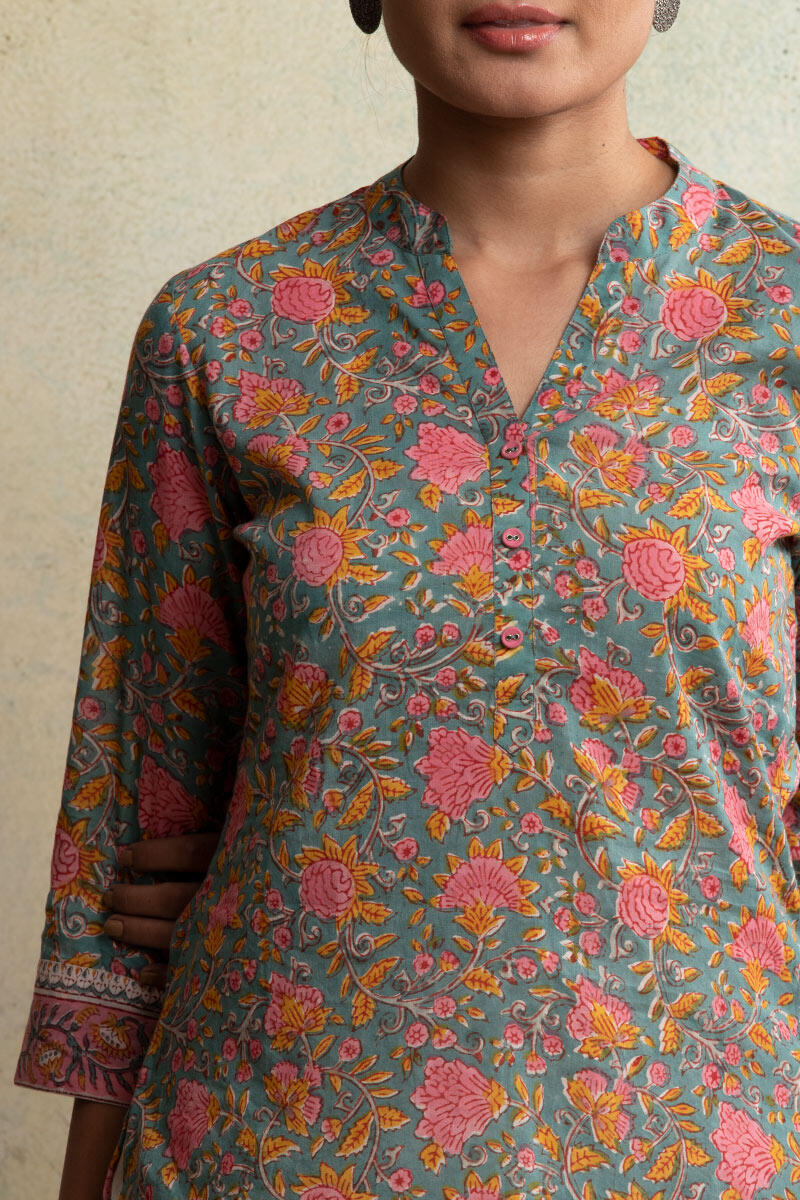 Green Block-Printed Cotton Top