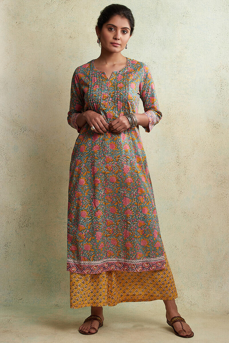 Blue Block Printed Straight Cotton Kurta