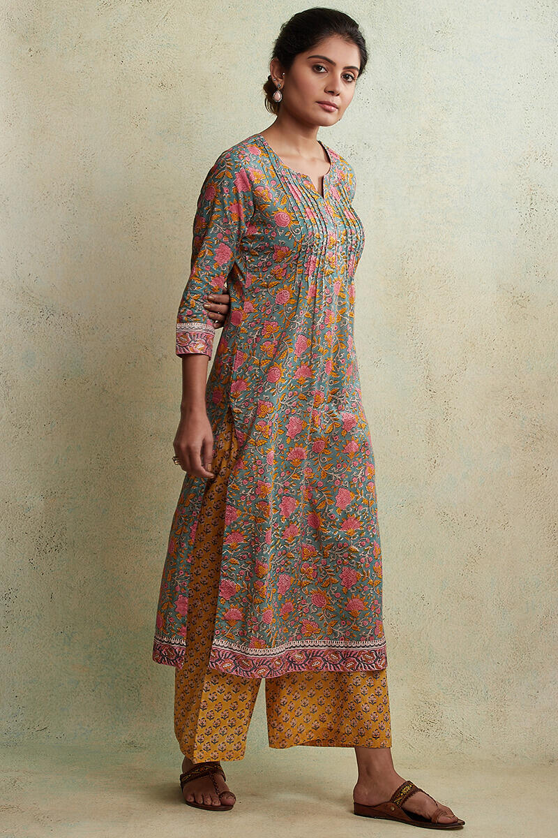 Blue Block Printed Straight Cotton Kurta