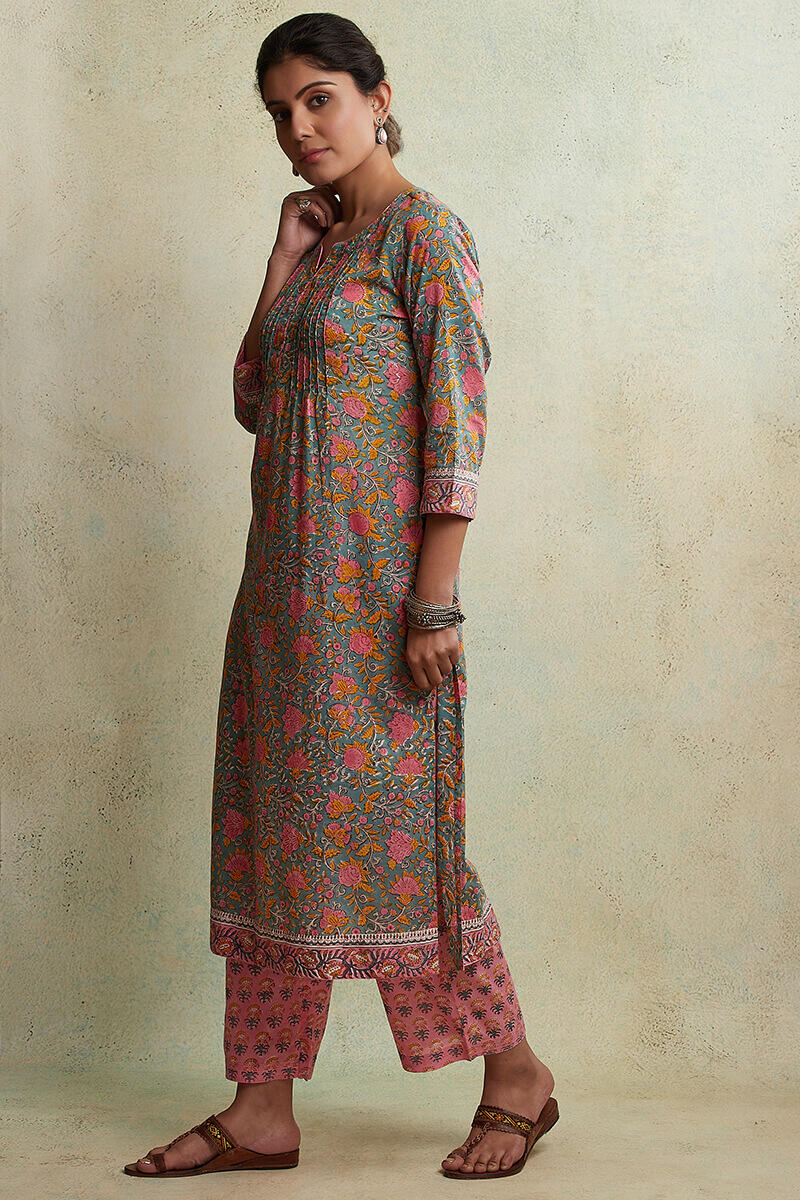 Blue Block Printed Straight Cotton Kurta