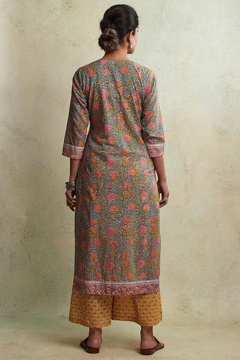 Blue Block Printed Straight Cotton Kurta