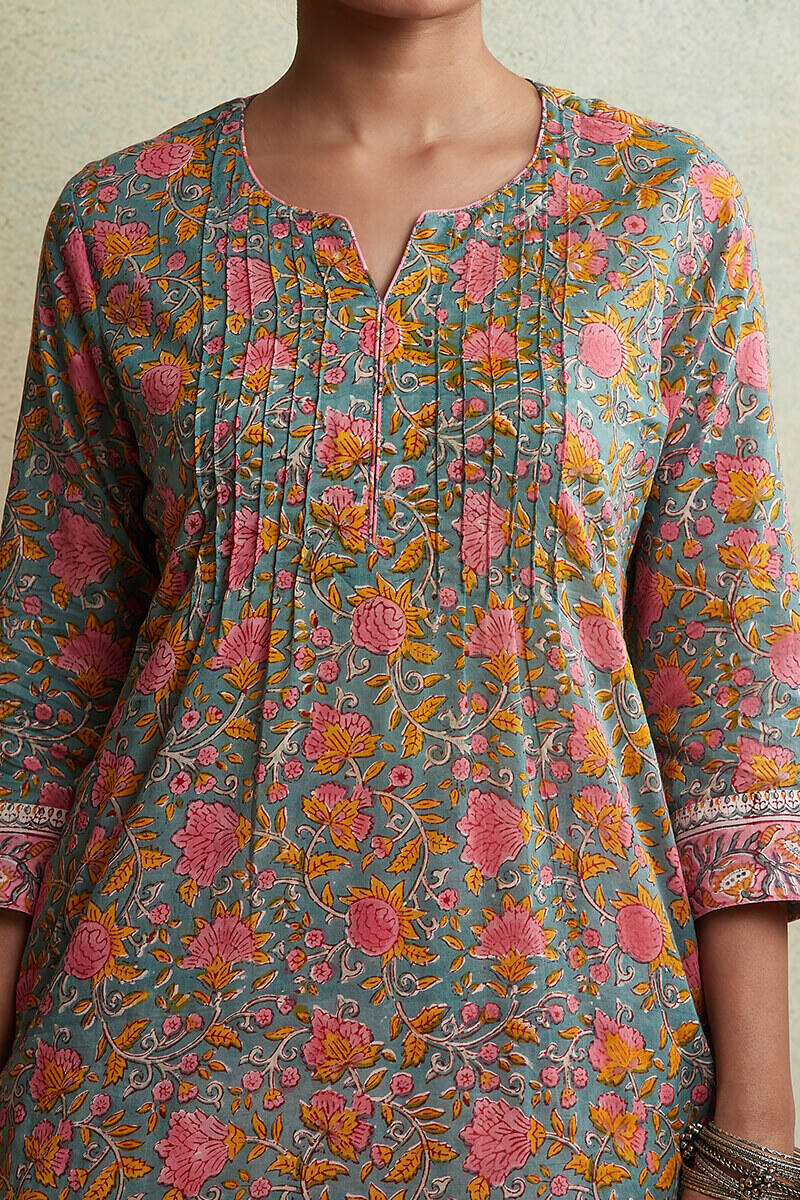 Blue Block Printed Straight Cotton Kurta