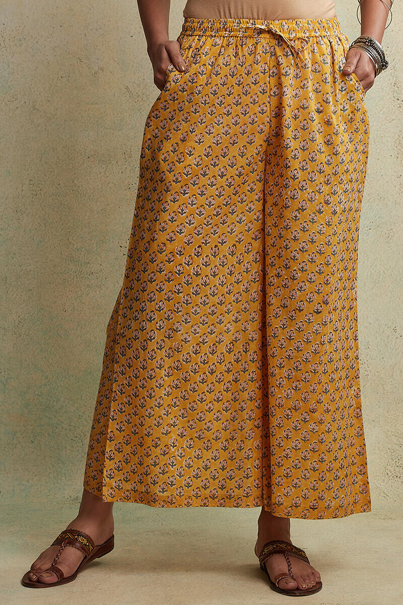 Yellow Block Printed Cotton Palazzos