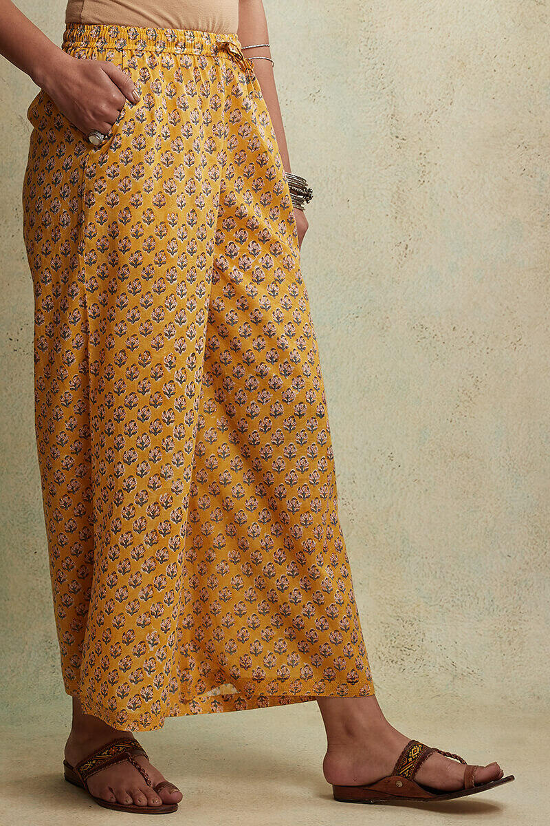 Yellow Block Printed Cotton Palazzos
