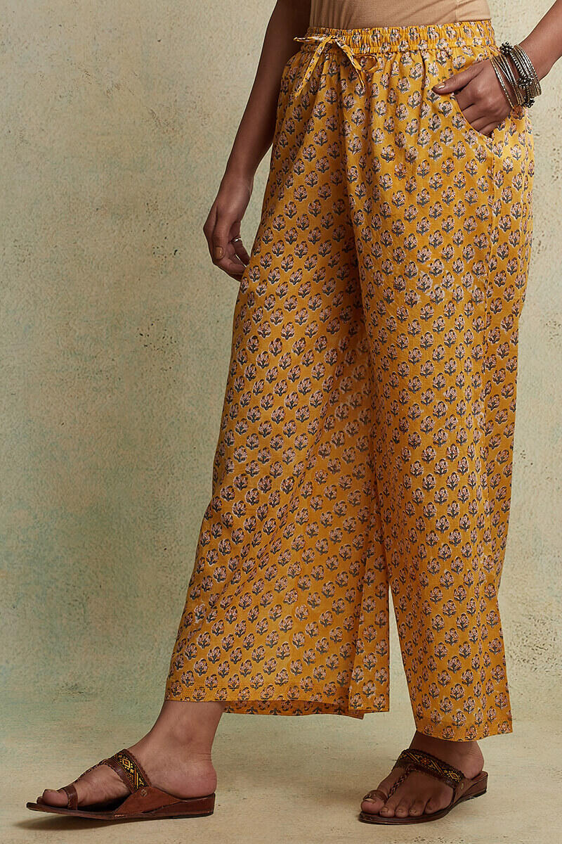 Yellow Block Printed Cotton Palazzos