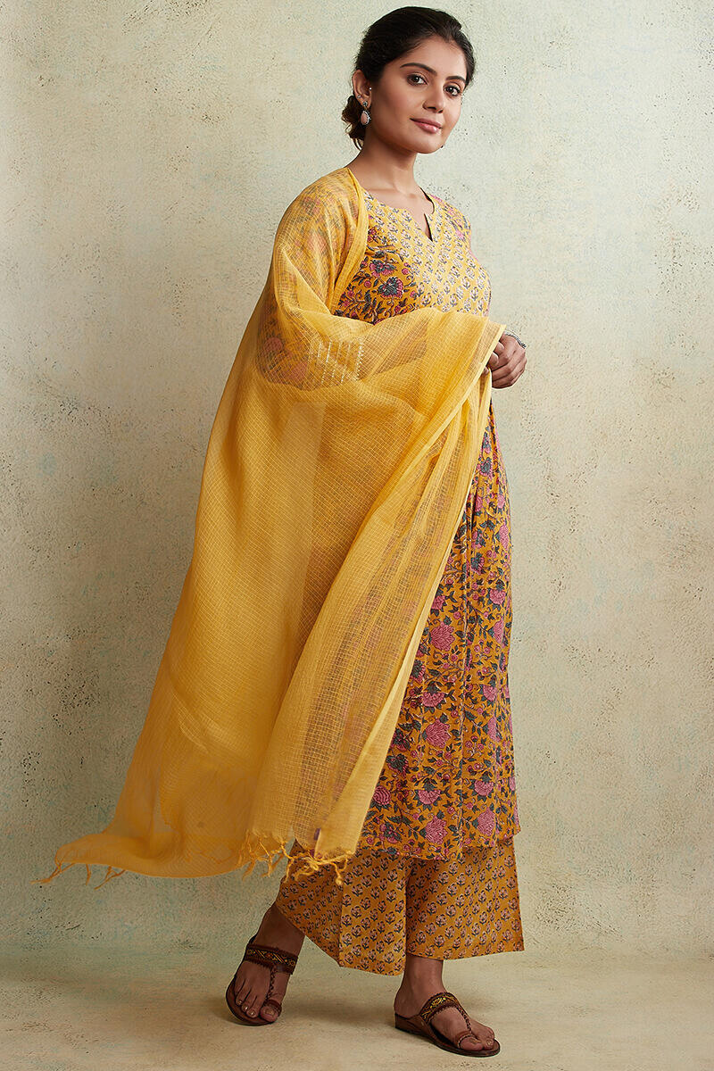 Yellow Block Printed Cotton Palazzos