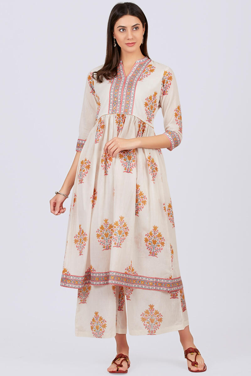 White Block Printed A-line Cotton Kurta