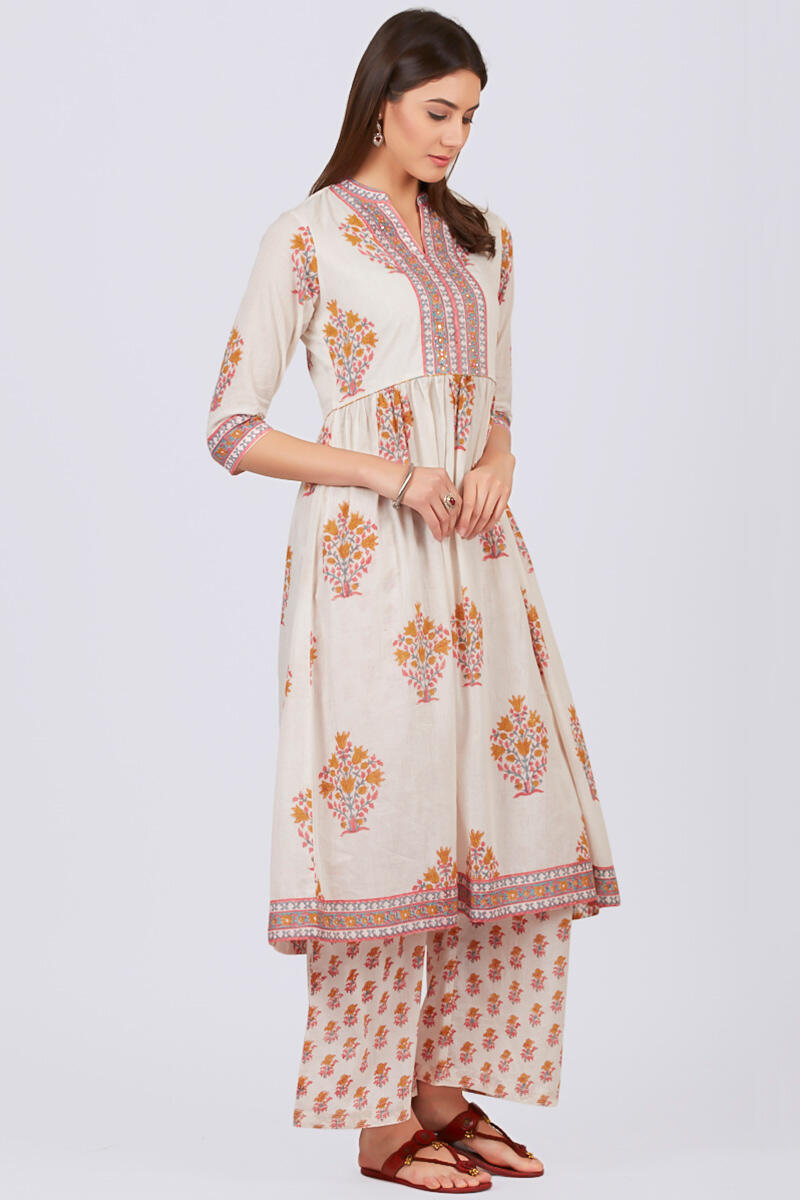 White Block Printed A-line Cotton Kurta