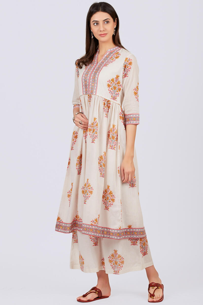 White Block Printed A-line Cotton Kurta