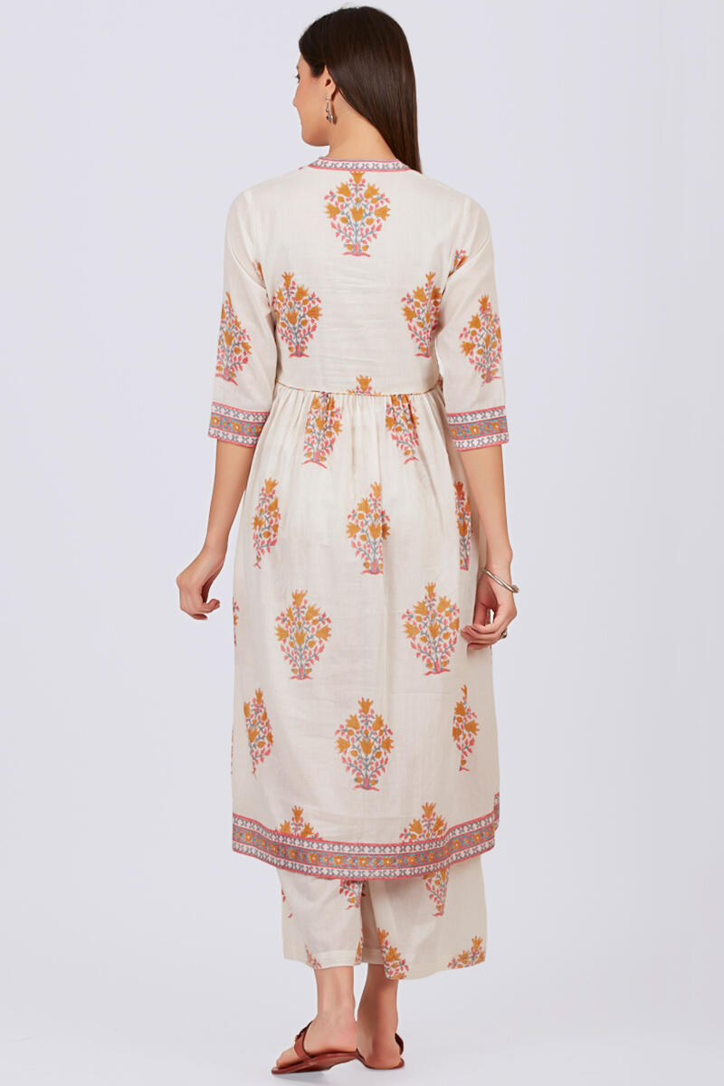 White Block Printed A-line Cotton Kurta