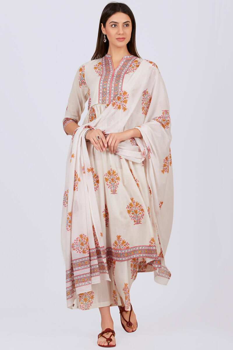 White Block Printed A-line Cotton Kurta
