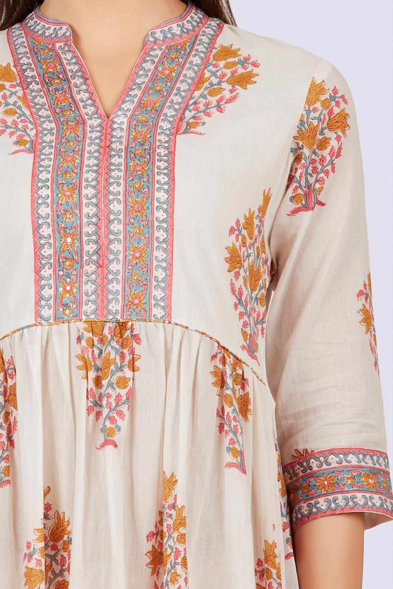 White Block Printed A-line Cotton Kurta