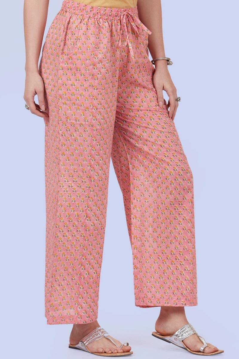 Pink Block Printed Cotton Farsi Pants