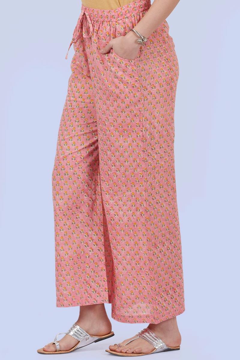 Pink Block Printed Cotton Farsi Pants