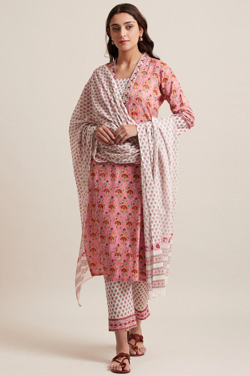 Pink Block Printed Cotton Dupatta