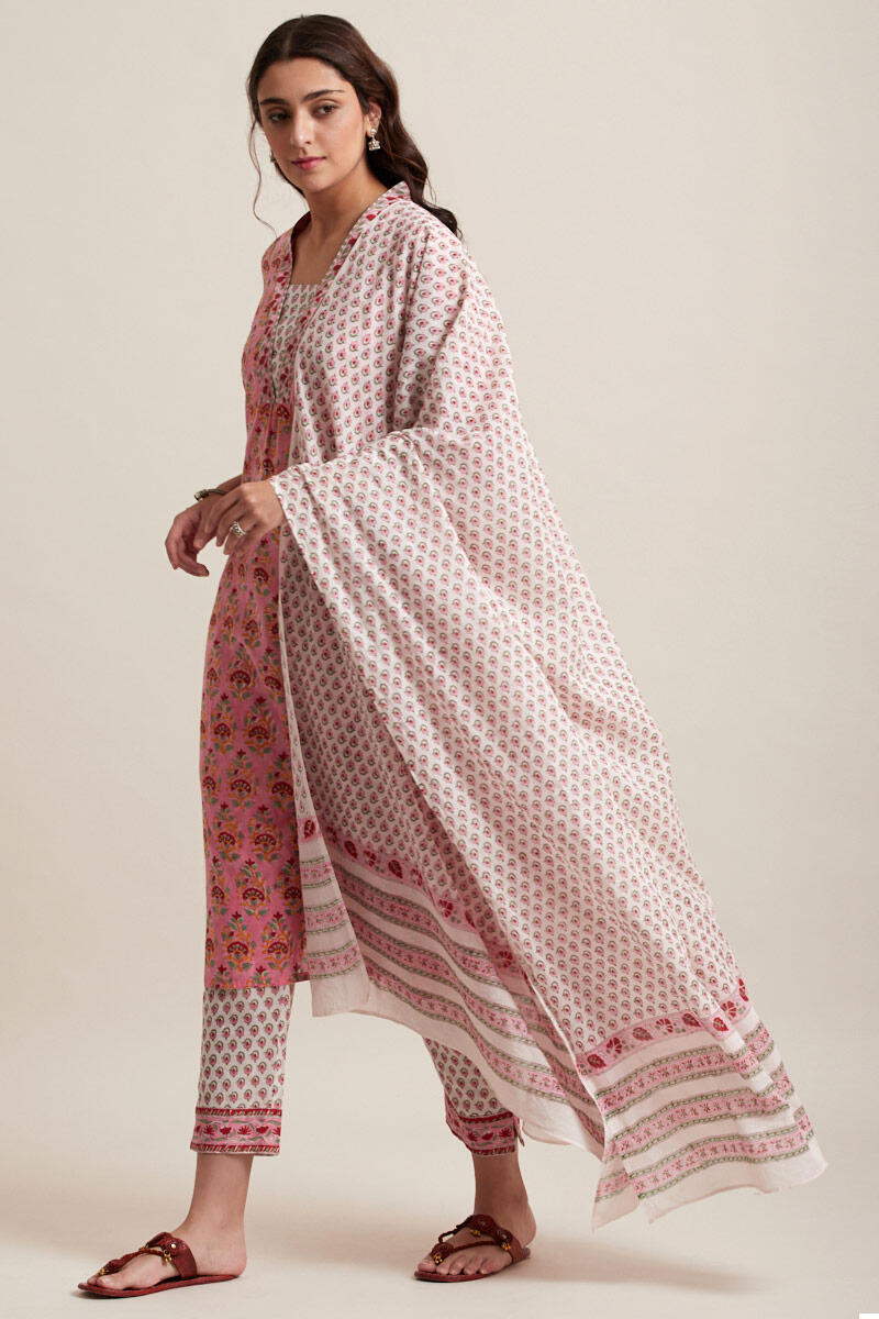 Pink Block Printed Cotton Dupatta