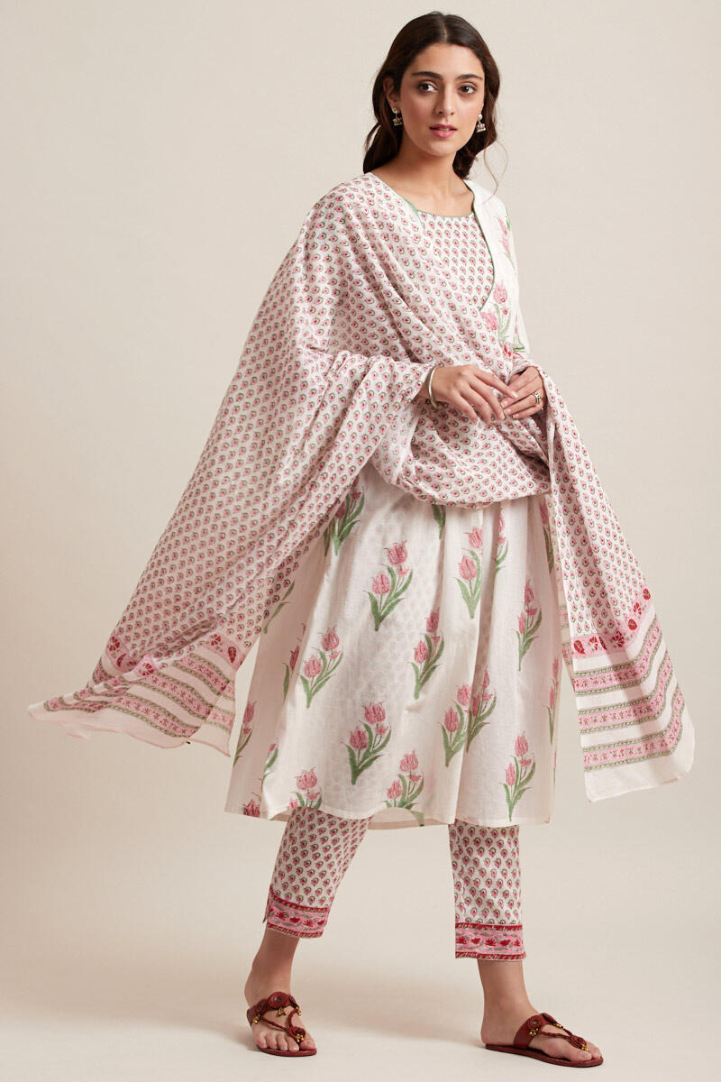 Pink Block Printed Cotton Dupatta